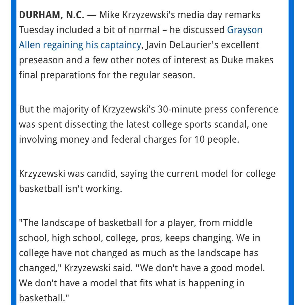 AdviceBBall's tweet photo. Coach K's thoughts on the current state of college basketball &amp; paying players. Do you agree or disagree? https://t.co/WvLc7hbBvI