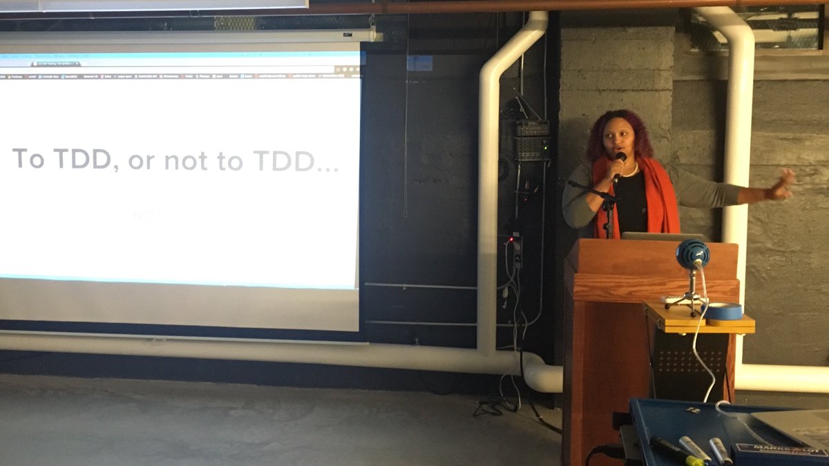 It has begun! Thank you to <a href="/nomadtechie/">Amal Hussein</a>, @bahmutov and <a href="/Aspenwilder/">James</a> for speaking tonight at #bostonjs about testing of all kinds