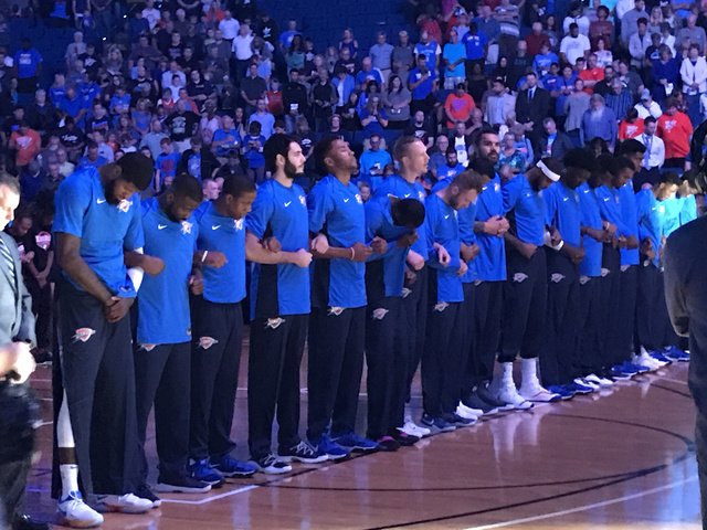 royceyoung's tweet photo. Both the Thunder and Rockets locked arms for the national anthem. https://t.co/Wj2HiOwL0k