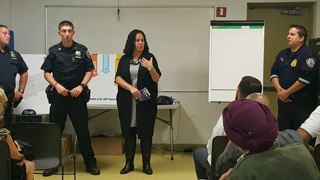 Stacey23AD's tweet photo. Great work by PO Fox and PO Sarro at the Neighborhood Safety Meeting tonight! @NYPD106Pct #TrueCommunityPartners https://t.co/6WkIgaetka
