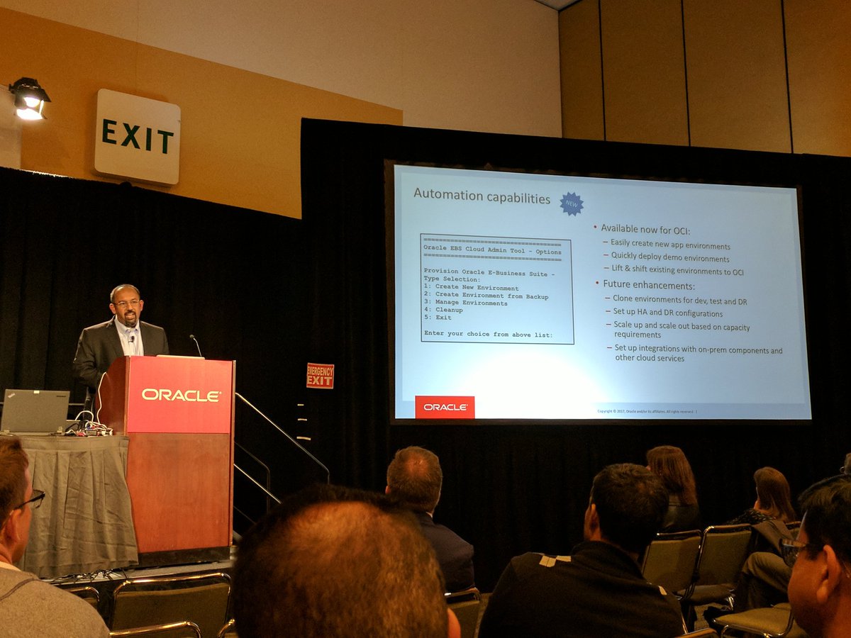 OracleIaaS's tweet photo. Demo time! @Oracle_EBS on Oracle IaaS (is Venkatesh wearing @essilorusa lenses?) - backup to object, clean install, done #CON7217 #OOW17 https://t.co/YzQRXJu2Uc