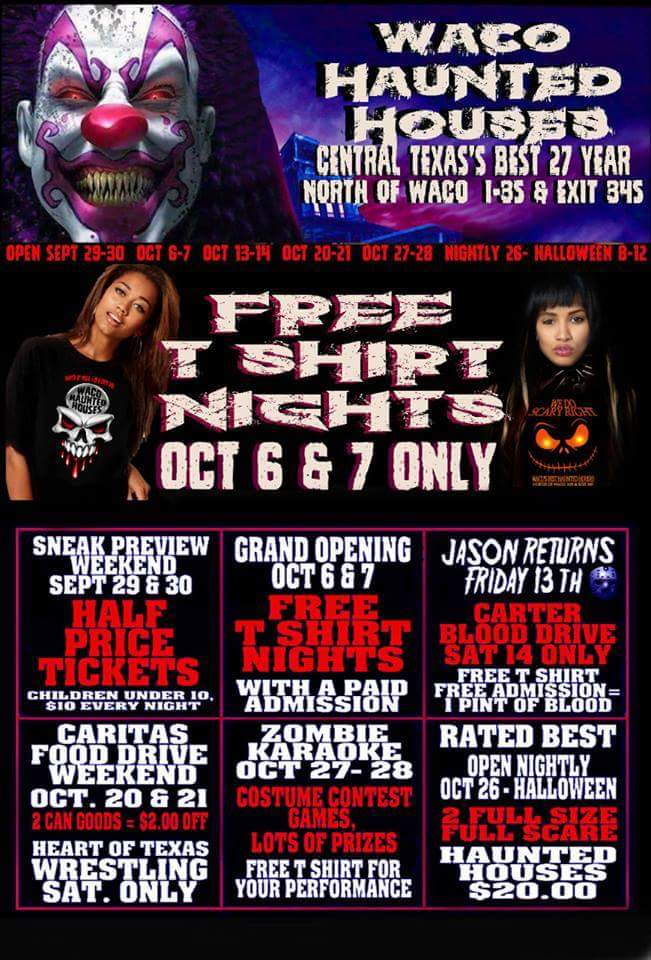 WacoHaunted's tweet photo. $20 for both Haunted Houses plus this weekend October 6 &amp; 7 get free t-shirt with paid admission! https://t.co/gwned4is18