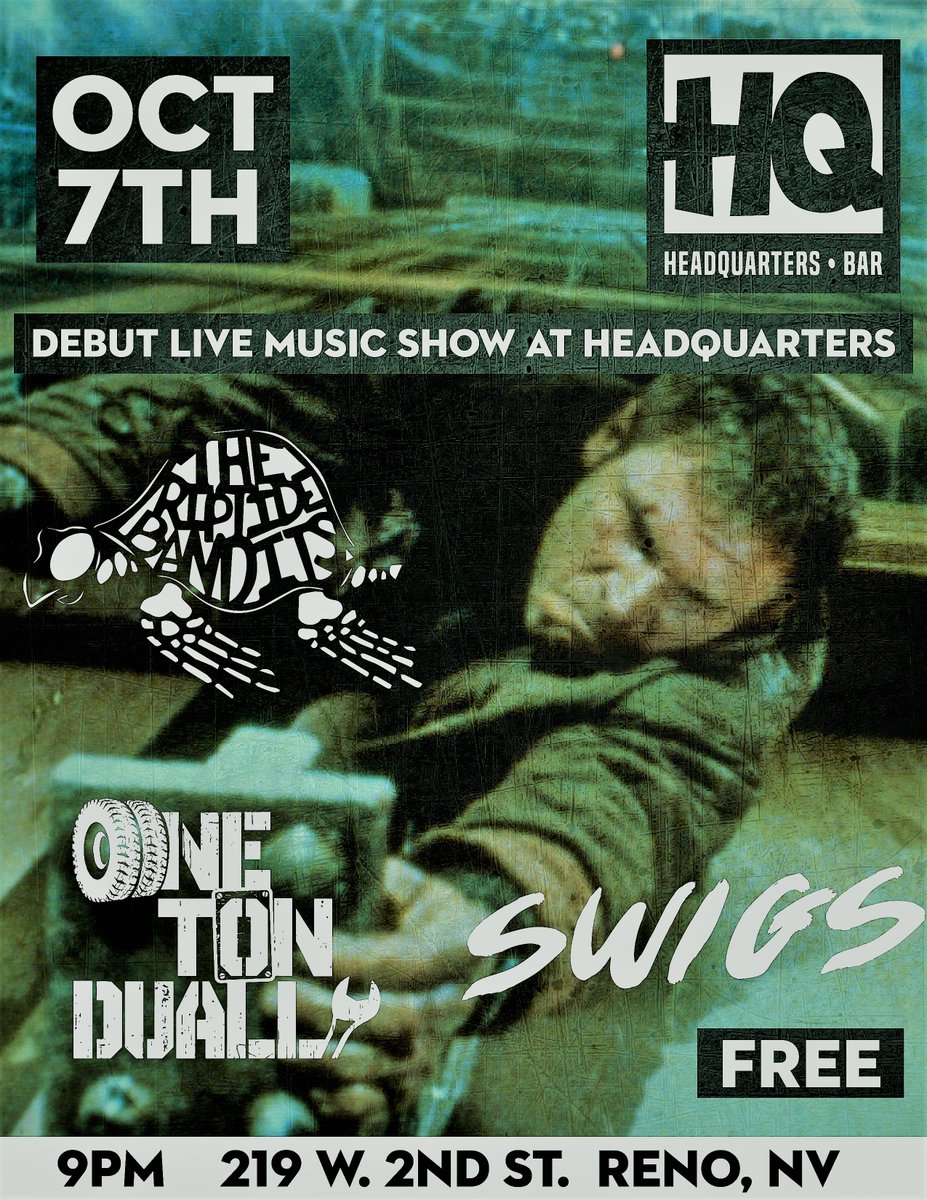 <a href="/swigsband/">SWIGS</a> SHOW on Sat Oct. 7th at Headquarters Bar with One Ton Dually  and Riptide Bandits. FREE SHOW! 9PM, 21+. Don't forget your shades!