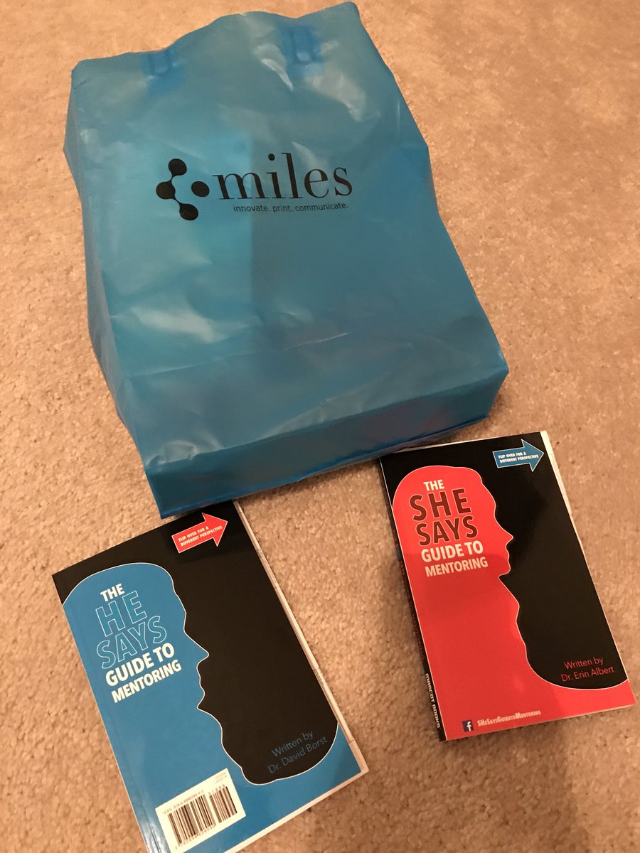 ErinLAlbert's tweet photo. #swagbag roll call from #HealthCarDev 9/29: last but not least, swag bags by @milesprinting & my gift, The S(He) Says Guide to #Mentoring https://t.co/lXpNDDkTvY