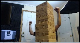 Liisabelle's tweet photo. When your DM trying to sass the party by scaring us with jenga, but doesn't realize our big boss is on his screen-D'oh. #jenga #dnd #dernder https://t.co/6MO8r2kUyM
