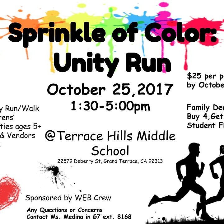 THMSWEBcrew's tweet photo. #sprinkleofcolorunityrunthms  Registration starts tomorrow at lunch. Sign up early for bonus swag!!! @ColtonJUSD  @THMS_CJUSD https://t.co/s9mG9OMLbx