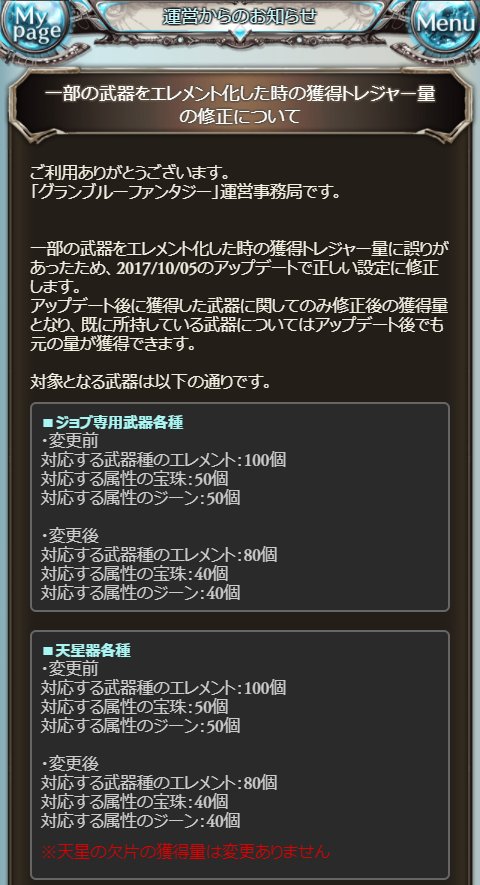 ノエル グラブル 一部の武器をエレメント化した時の獲得トレジャー量の修正について