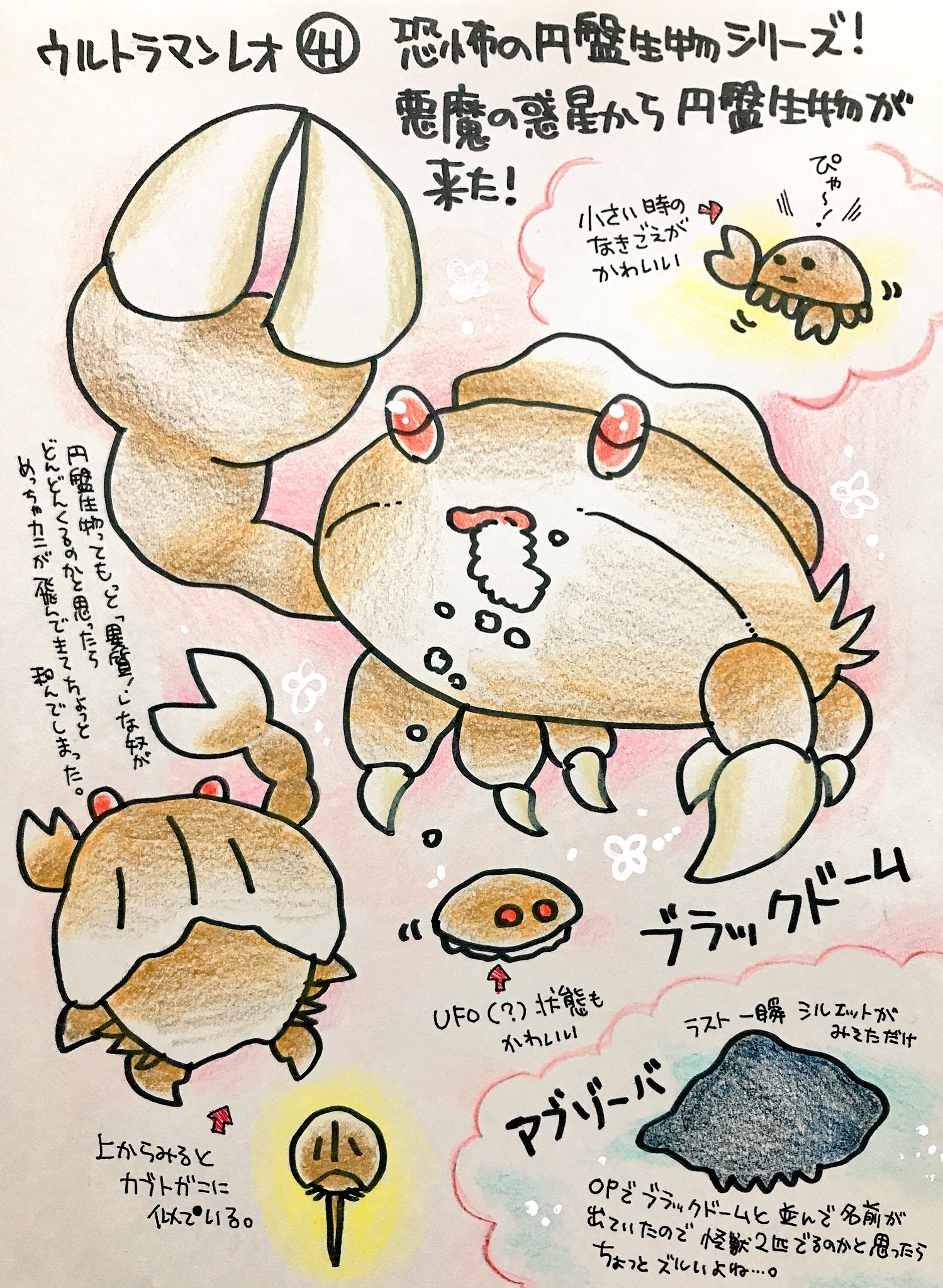 Twitter 上的 くまみ ウルトラマンレオの怪獣をみた順に描きます 平日更新 恐怖の円盤生物シリーズ 悪魔の惑星から円盤生物 が来た ブラックドーム カブトガニっぽい もしかして円盤生物って 可愛いのでは そういえばゲンっていま失職中なんでしたっけ