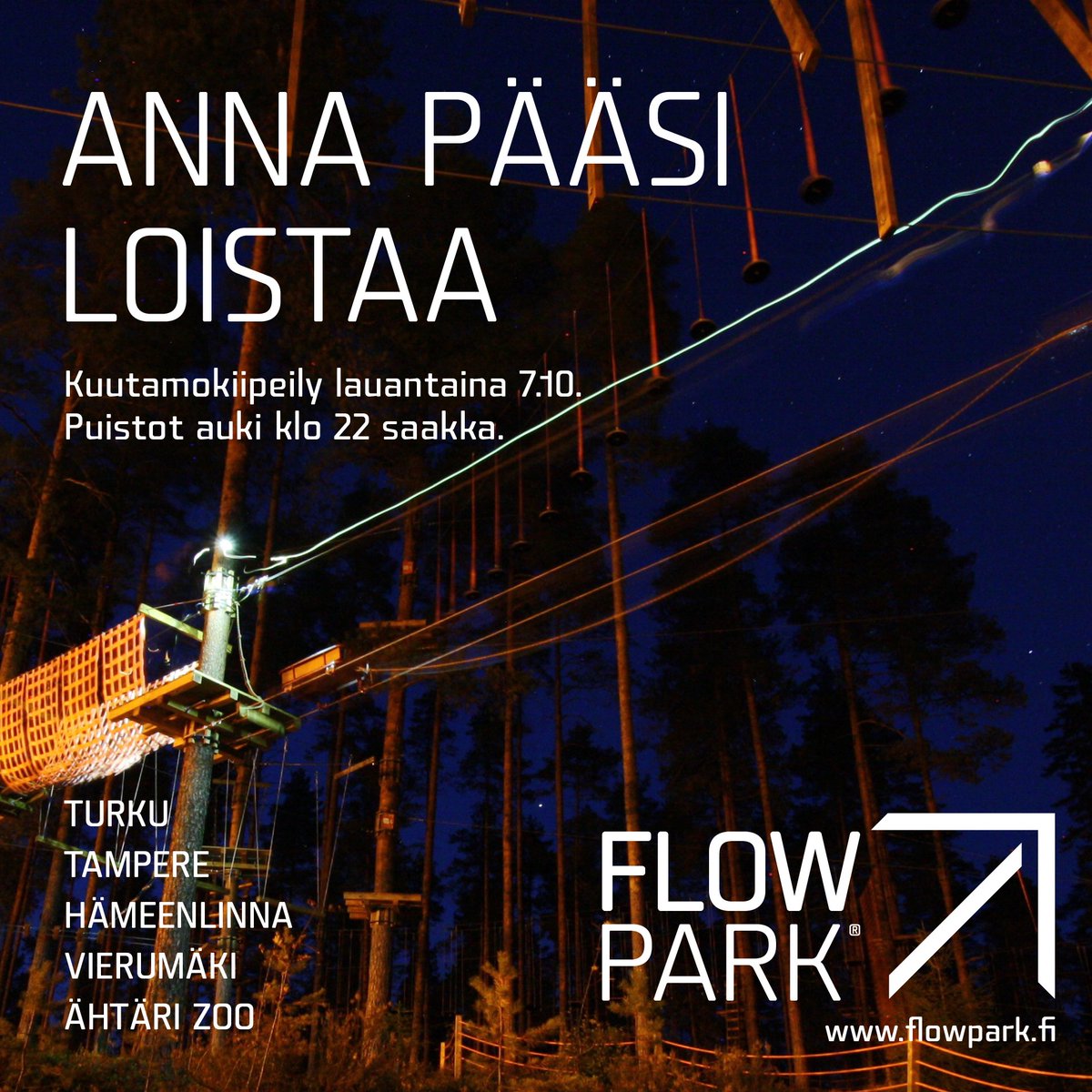 Kuutamokiipeily la 7.10. klo 18-22! Ota mukaan oma otsalamppu tai lainaa puistosta. #flowpark #seikkailupuisto #pimeäkiipeily #täysikuu