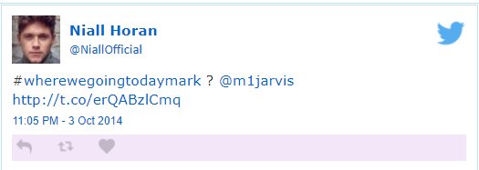 NJHTweetHistory's tweet image. Today (Octobber 3rd) 2014 @NiallOfficial tweets: #wherewegoingtodaymark ? @m1jarvis instagram.com/p/ttNxNOsyG8/