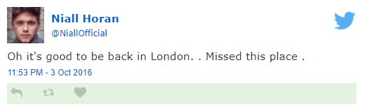 NJHTweetHistory's tweet image. Today (Octobber 3rd) 2016 @NiallOfficial tweets: Oh it's good to be back in London. . Missed this place .