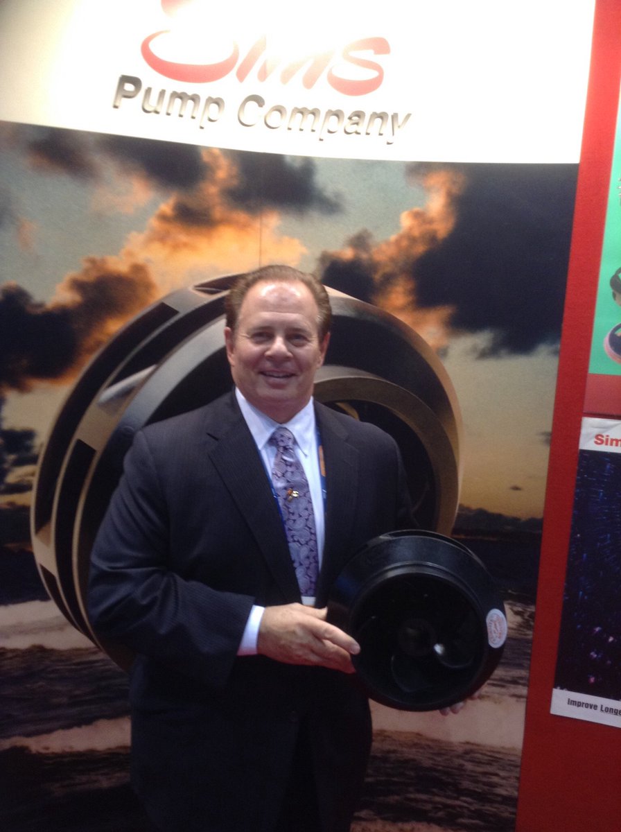 John Kozel holds <a href="/SimsPumpCompany/">Sims Pump Company</a> lightweight impeller #WEFTEC17  - stop making your pumps an annuity for repair companies. &amp; shipyards.