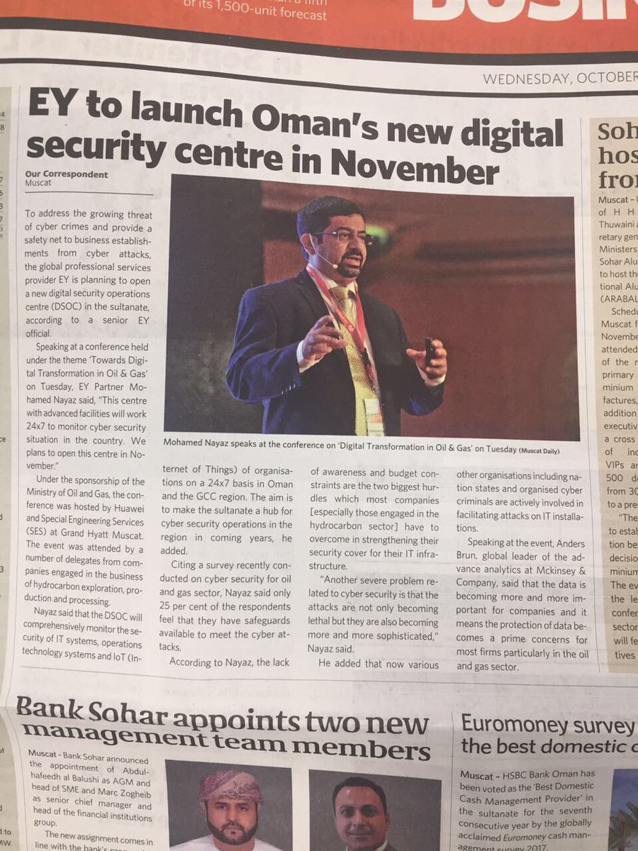 FirthClinton's tweet photo. @nayazcisa talks about the imminent @ey_mena #digital SOC for GCC at the Digital  Oil &amp; Gas Transformation conference https://t.co/3mUxowXNdl