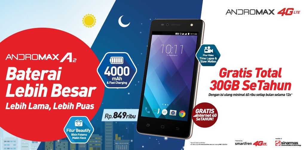 Upgrade Smartphone kamu dengan Andromax A2. Baterai 4000mAh plus GRATIS kuota 30GB! Info smartfren.com/id/andromax-a2 #AndromaxA2