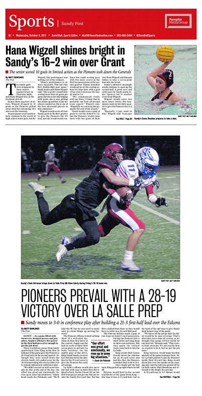 Here's an early look at our Oct. 4 sports front of the Sandy Post with the Pioneers picking up a big football win.