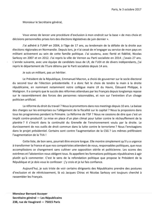SebLecornu's tweet photo. Ma réponse @BernardAccoyer suite au BP de @lesRepublicains : "Je souhaite que la voix des militants et élus raisonnables se fasse entendre" https://t.co/8YKaHqHMuL
