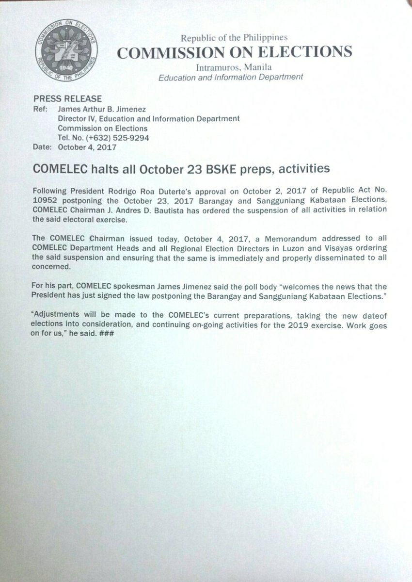 COMELEC's tweet photo. Press Release: @COMELEC halts all October 23 BSKE preps, activities @jabjimenez @ChairAndyBau https://t.co/IpaNtaNABv