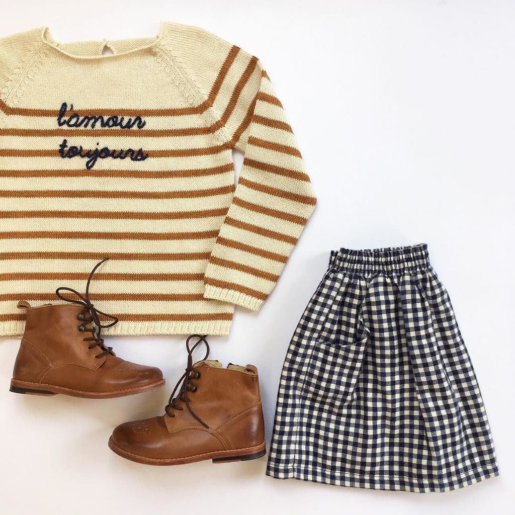 Perfect style <a href="/oeufnyc/">Oeuf</a> @emileetida @youngsoleslondon #lookoftheday #girlstyle #kidsfashion #instakids #styling #skirt #boots #stripes #insp…