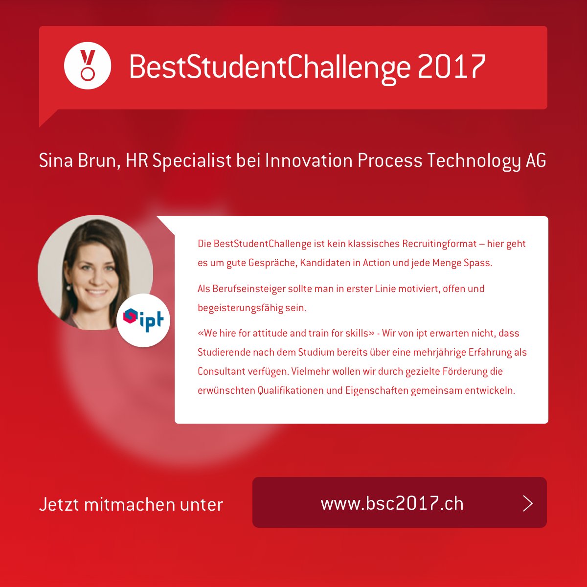 Triff die Ipt Innovation Process Technology AG beim Finale der #BestStudentChallenge in Zürich! Jetzt anmelden: staufenbiel.ch/bscCH2017/?utm…