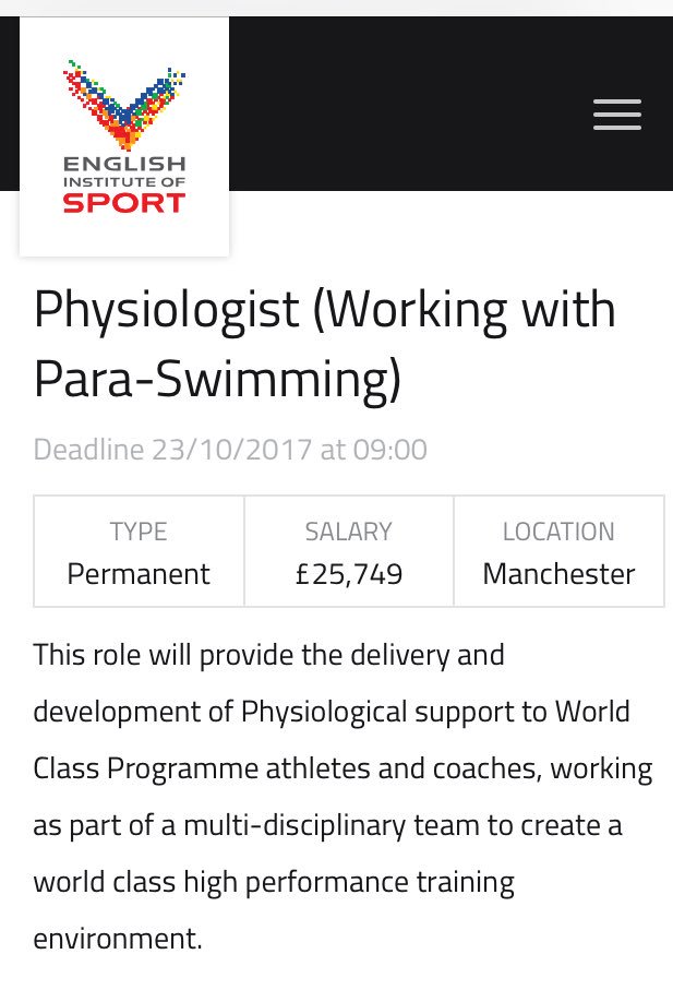 Great opportunity to join the team #Physiologist #ParaSwimming #Manchesterjobs <a href="/britishswimming/">Aquatics GB</a> @eis2win