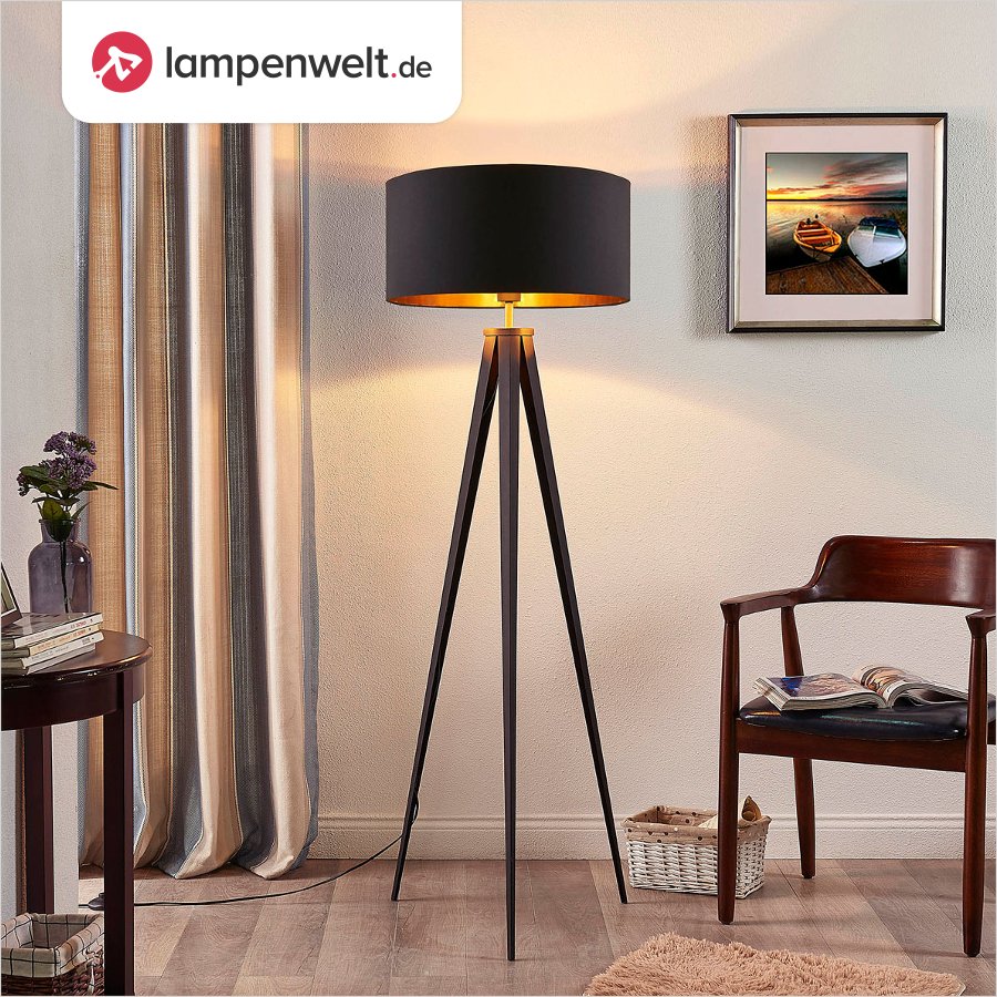 Lieblingsplätze beleuchten, Räume inszenieren und um ein trendiges Einrichtungsobjekt ergänzen - Stehleuchte Benik: lampenwelt.de/Schwarz-golden…