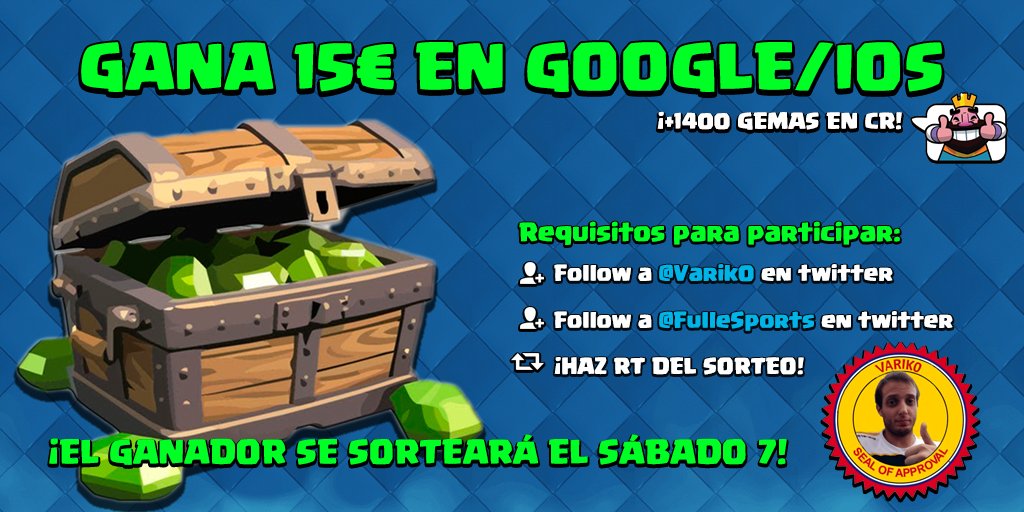 Varik0's tweet photo. 📣 !SORTEO!

💚15€ en Google/iOS para #ClashRoyale
▶Follow @Varik0 y @FulleSports
🔄RT del sorteo

¡El ganador se sorteará este sábado 7! https://t.co/mQh91PY3Zm
