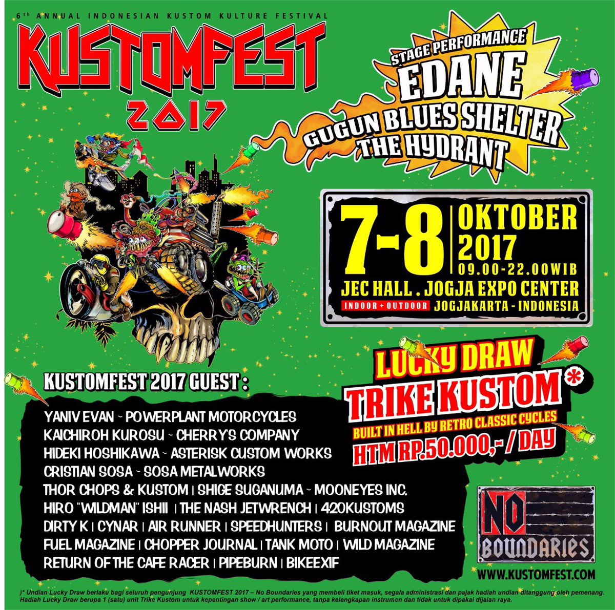 streetofjogja's tweet photo. 6th @kustomfest "No Boundaries" | Sabtu-Minggu, 7-8 Oct 2017 | @JogjaExpoCenter | lucky draw Trike Kustom | 50k #KustomFestNoBoundaries https://t.co/hqoMXN96nL