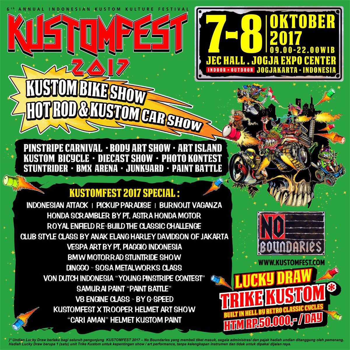 streetofjogja's tweet photo. 6th @kustomfest "No Boundaries" | Sabtu-Minggu, 7-8 Oct 2017 | @JogjaExpoCenter | lucky draw Trike Kustom | 50k #KustomFestNoBoundaries https://t.co/hqoMXN96nL