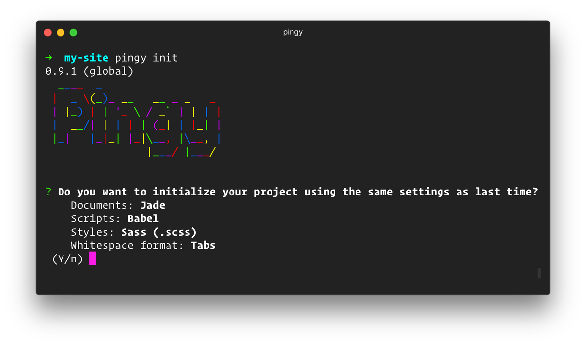 pingyhq's tweet photo. CLI 0.9 is out. Now Pingy CLI will allow you to initialise a project using the same settings as last time. https://t.co/gs01NxDbIK https://t.co/uvVa9IWBwc