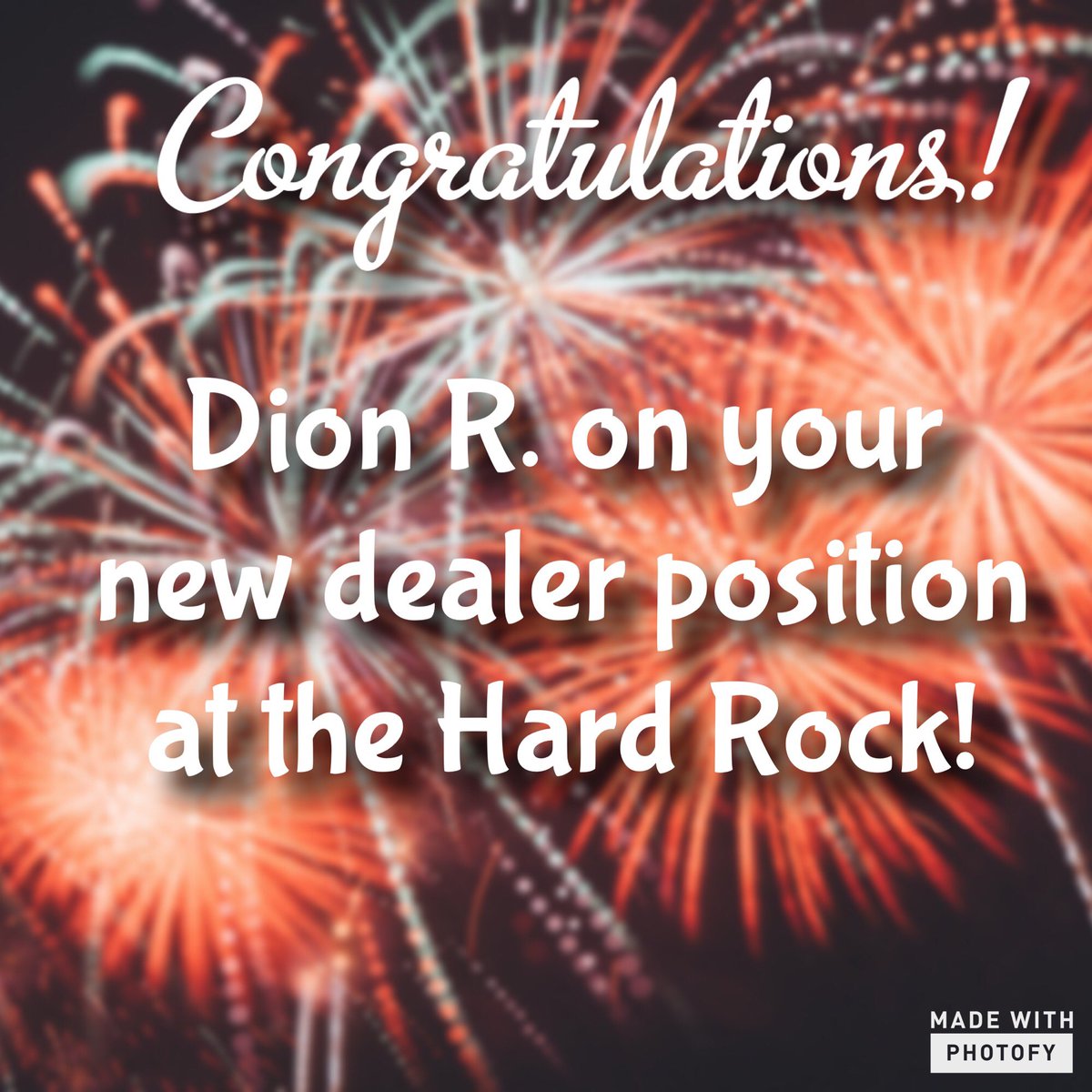 RockstarDealing's tweet photo. We want to extend a congratulations to another one of students Dion Ramos. We know your gonna rock your new position at the #HardRock.#Poker https://t.co/BmyGKel5aS