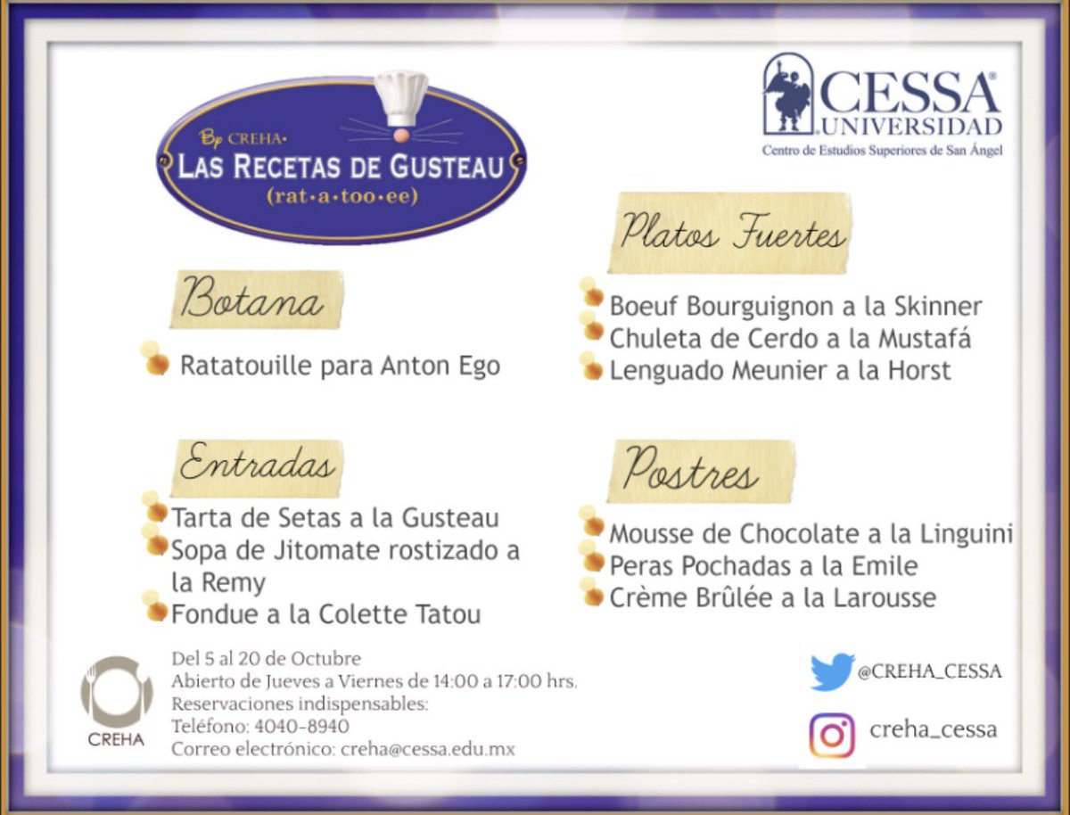 CREHA_CESSA's tweet photo. Les presentamos nuestro menú de nuestro nuevo concepto “Las recetas de Gusteau” Mañana iniciamos. #CESSA #CREHA https://t.co/LYpBNJ7UwK