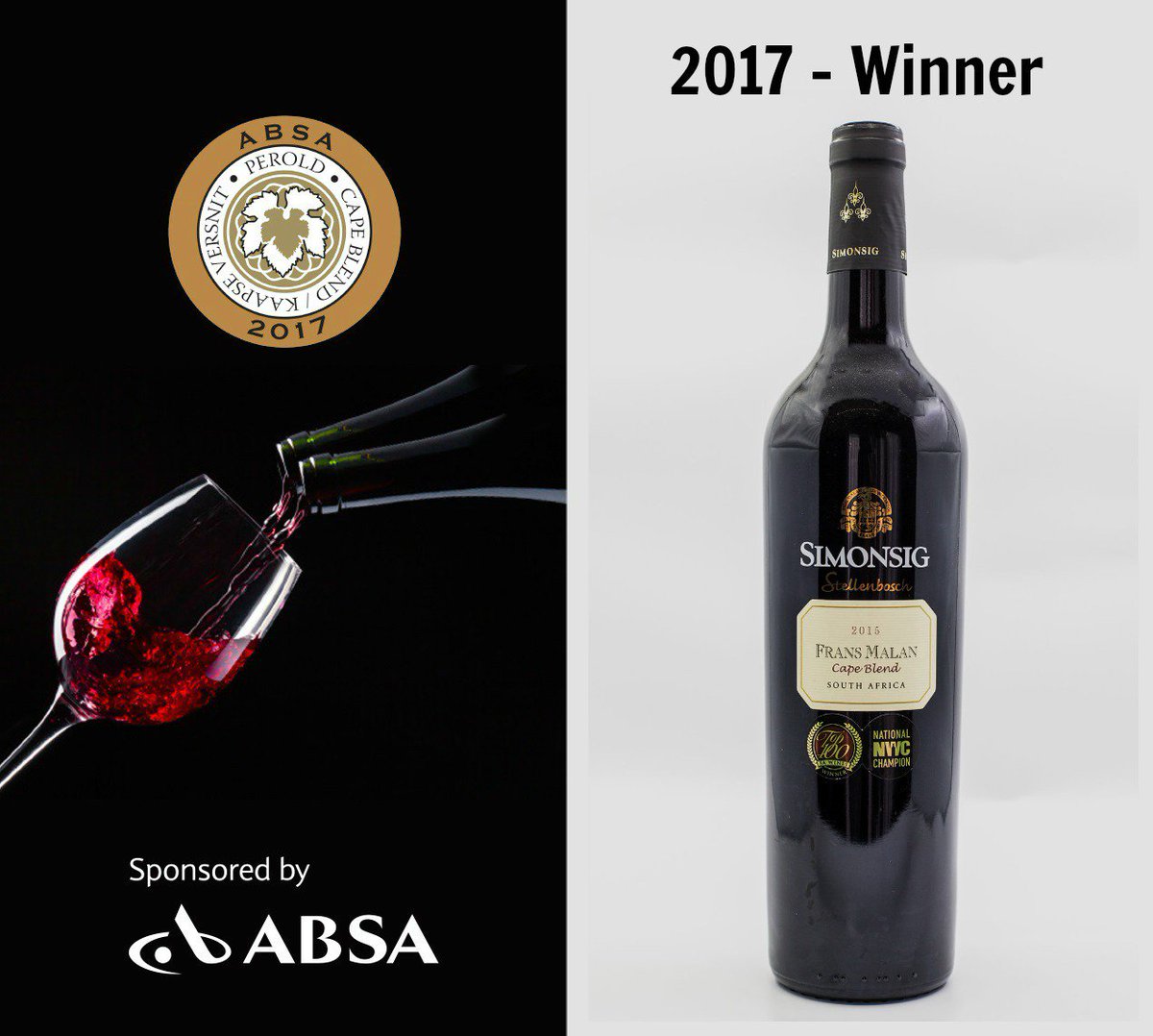 PinotageSA's tweet photo. Winner #1 #AbsaPeroldCapeBlend . @SimonsigWines Frans Malan Cape Blend 2015. Well done. https://t.co/4SSCYqhI1y