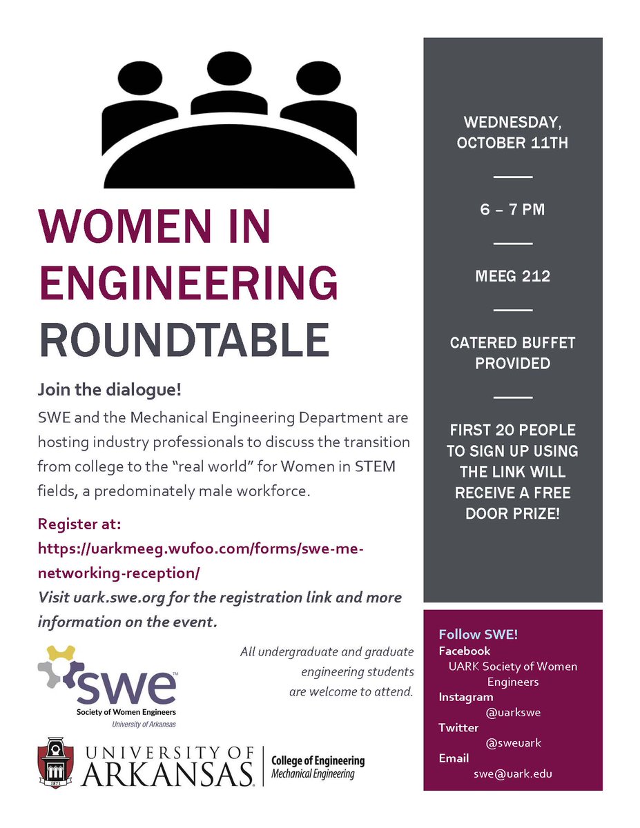 uarkmecheng's tweet photo. Women In Engineering Round Table Event!  10/11 ~ 6PM ~ MEEG 212.  Co hosted by SWE and ME! @SWEUARK @asme_uark @UofA_Engr https://t.co/H5g30Kvkak