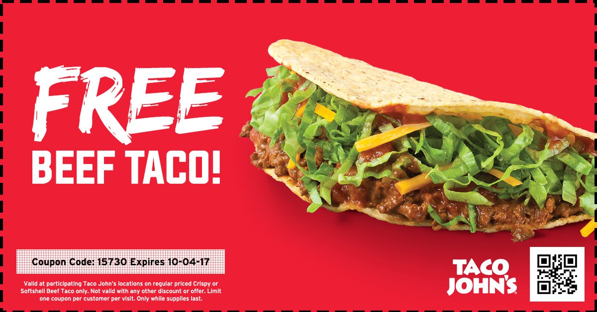 tacojohns's tweet photo. #NationalTacoDay is finally here! Get to Taco John's TODAY and show this to your cashier for a free Crispy or Softshell Beef Taco. #FreeTaco https://t.co/qMm0jY88VI