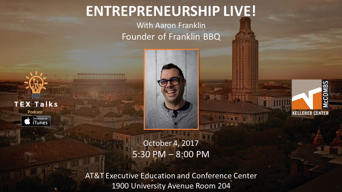 TONIGHT! We're excited to learn from <a href="/bbqfranklin/">aaron franklin</a>! Tickets are sold out, but stay tuned for the video/podcast #TexTalks @UT_KelleherCntr