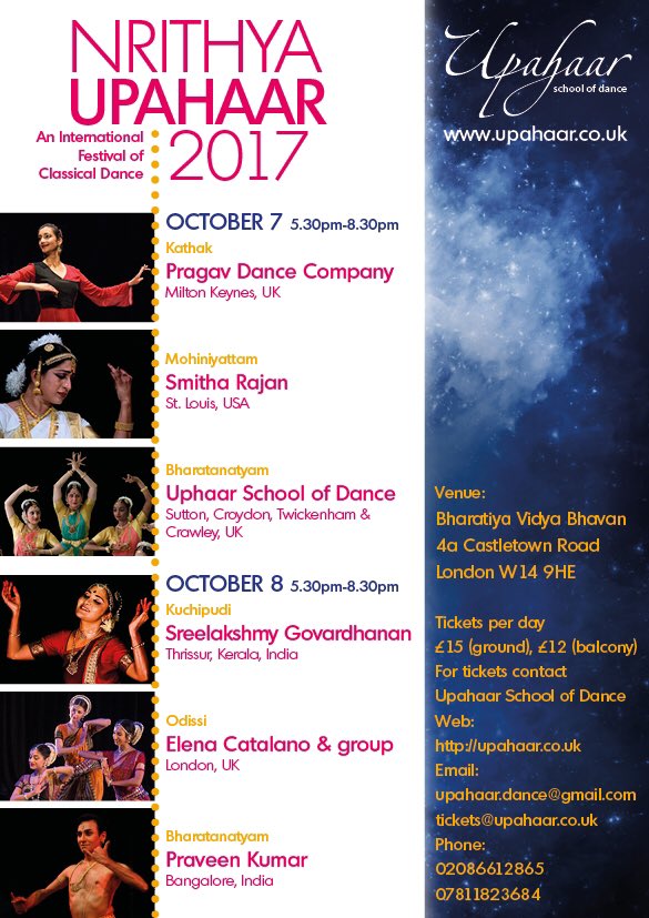 upahaarschool's tweet photo. Nrithya-Upahaar 2017 is finally here...Come and join in to watch a feast of classical dance over two days-Oct 7 and 8 at Bhavans w14 9he https://t.co/72F1c6UCyE