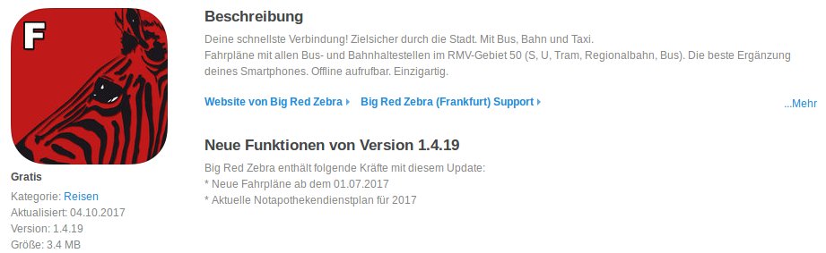 Big_Red_Zebra's tweet photo. Unsere #BigRedZebra App für #Frankfurt ist nun aktualisiert und im App Store verfügbar. Jetzt aktualisieren.

#Offline #ÖPNV #Fahrpläne https://t.co/LC2qCXwIk4