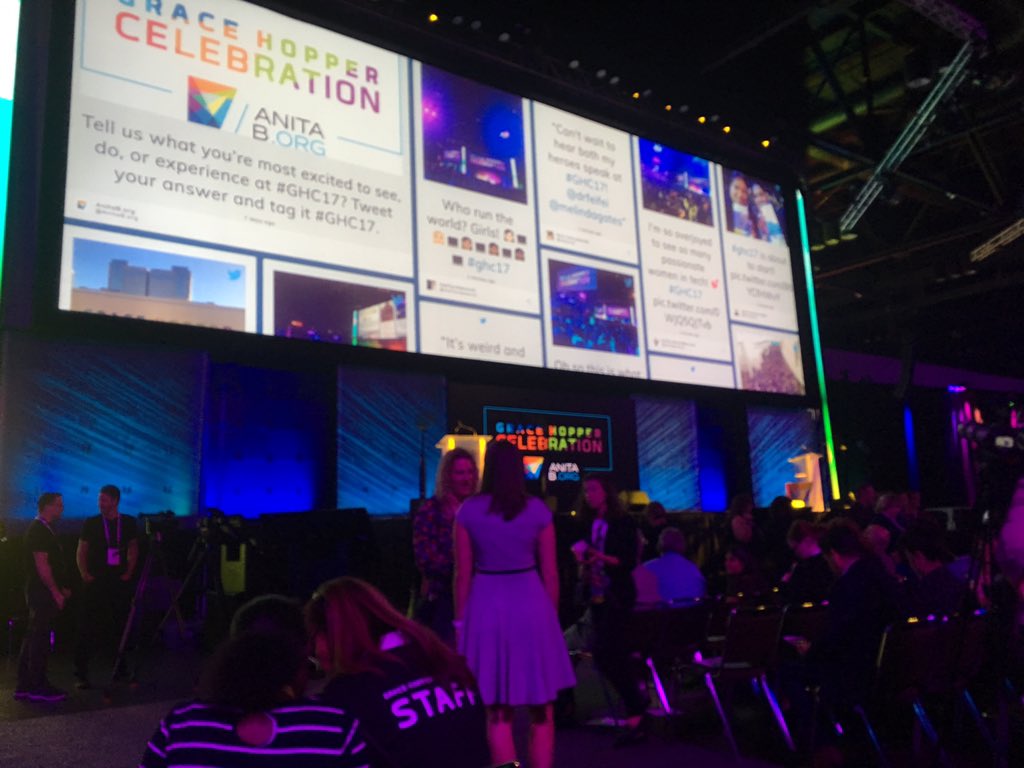 SilvsMoreno's tweet photo. Lucked out and ended up in a reserved seat for the first keynote. Exciting! Thanks universe! #ghc2017 https://t.co/3oQDmYBJHH