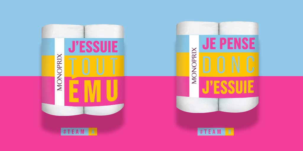 Monoprix's tweet photo. On n’arrive pas à se décider sur la blague la plus drôle pour notre pack d’essuie-tout, alors on vous laisse décider. #TeamA ou #TeamB ? 😊 https://t.co/X2QGolppL5
