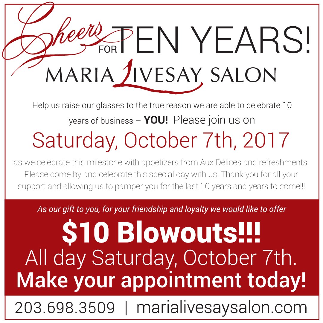 MariaLivesay's tweet photo. Help us raise our glasses to the true reason we r able to celebrate 10 years of business – YOU!  $10 Blowouts on Saturday, October 7th! https://t.co/uGIKX1sxel