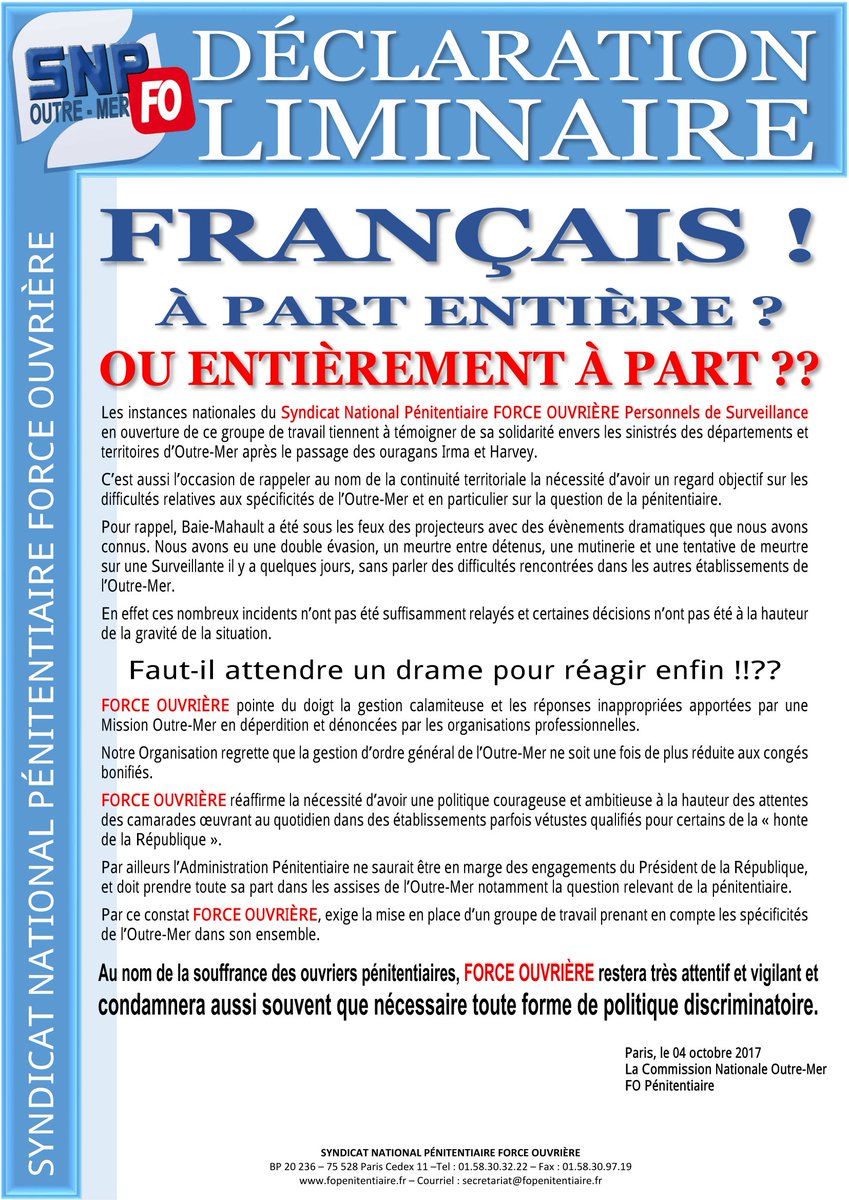 SyndFoJustice's tweet photo. Déclaration liminaire du @SNPFO_PS lue à l'ouverture du groupe de travail relatif aux #CongesBonifies #DOMTOM https://t.co/7ZgOxOlG2t