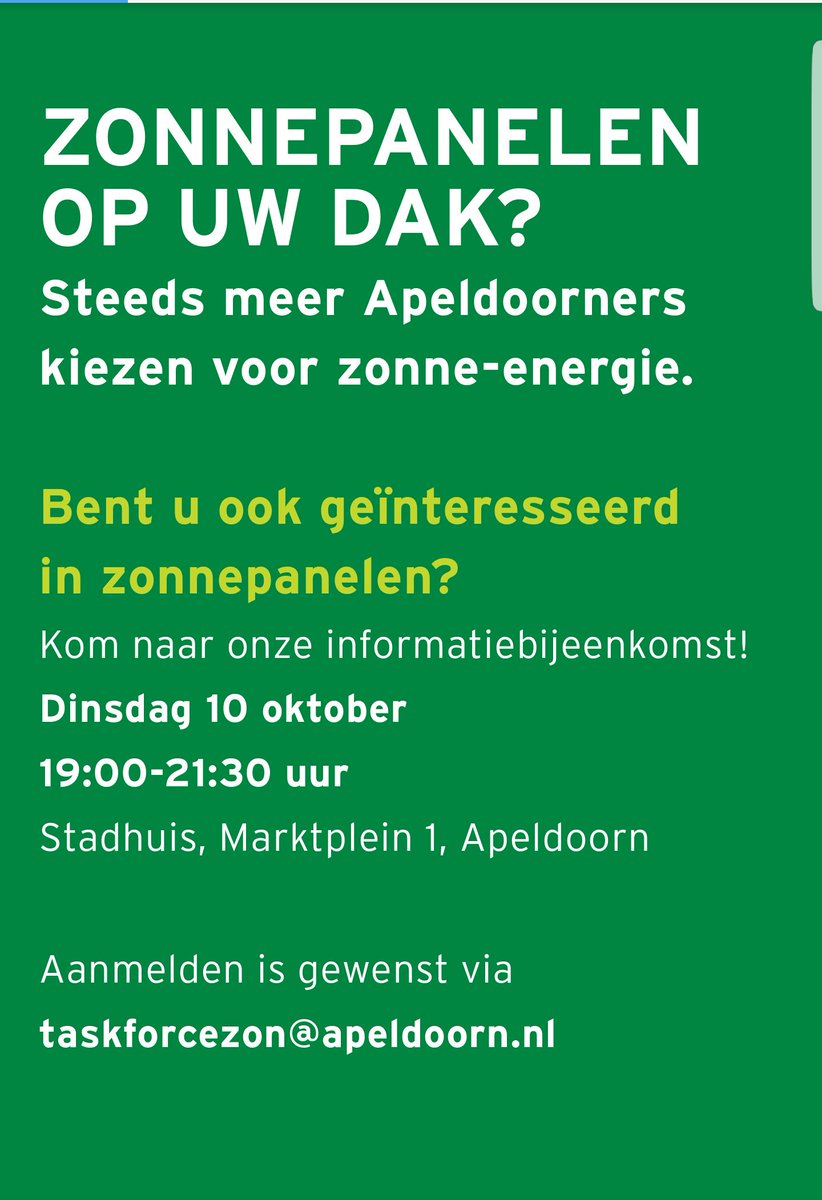 WijkCentrum055's tweet photo. Informatieavond Gemeente Apeldoorn volgende week dinsdag over zonnepanelen.
Meer informatie:
https://t.co/3vEqfdIbCg https://t.co/TtcMR2ebfF