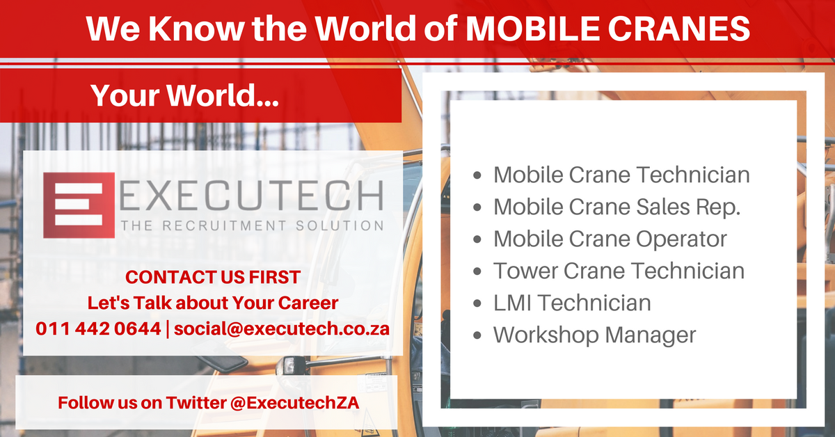 ExecutechZA's tweet photo. We know the world of #Mobilecranes
Let's talk about Your Career #JobSeekersSA #SA #operator #sales #Technician https://t.co/TcL0a8PCwn