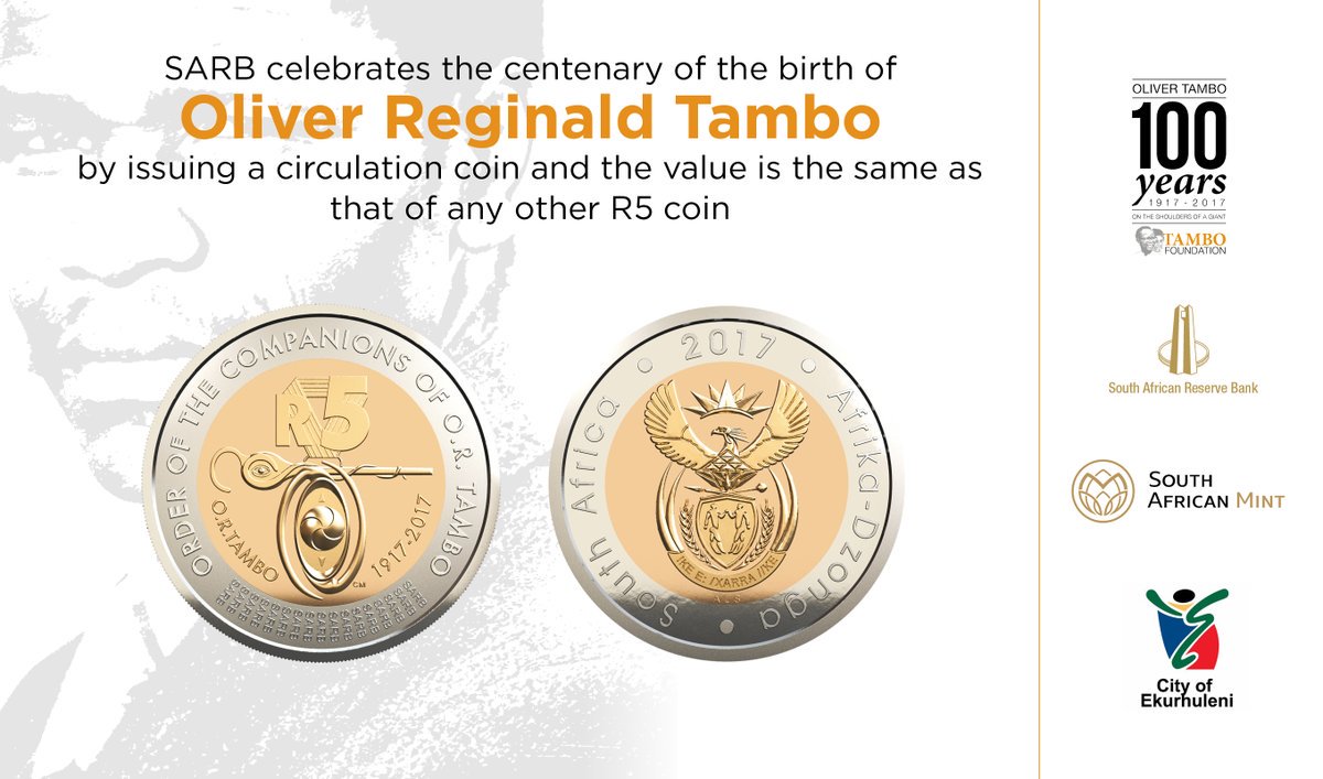 GovernmentZA's tweet photo. In commemorating the birth centenary of #ORTambo100, SA Mint, subsidiary of SARB, is producing a R5 circulation coin #ORTamboCoin https://t.co/OviOQORhsc