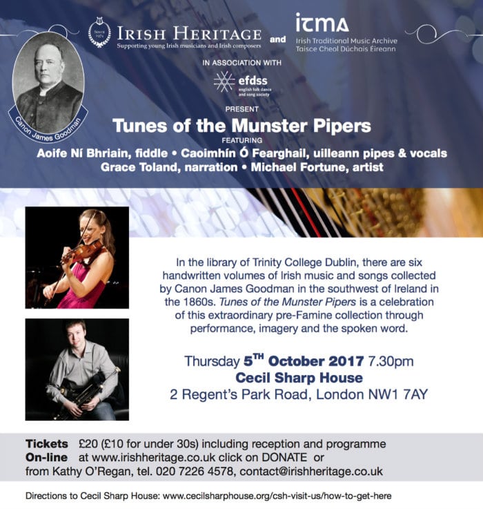 HeritageIrish's tweet photo. 'Tunes of the Munster Pipers' - Taking place on TOMORROW October 5th at 7:30pm in Cecil Sharp House: https://t.co/x1SOLtT29p  #munsterpipers #irishheritage https://t.co/0irBMnDnWc