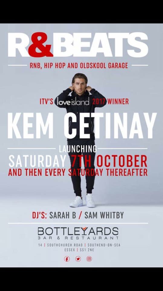 bottleyards's tweet photo. This Saturday Love Island Winner @KemCetinay will be here at Bottleyards! Get down early or call 01702610554 to book a table #Rnb #Beats https://t.co/ltv7yiuHpd