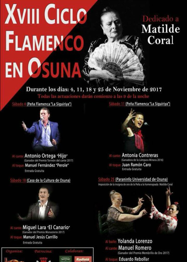 edmatildecoral's tweet photo. XVIII Ciclo Flamenco en Osuna, dedicado a Matilde Coral
Días 4,11,18 y 25 de Noviembre a partir de las 21:00 #EDMatildeCoral #flamenco https://t.co/fNA9ngtQUR