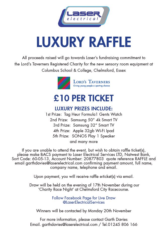 LaserElectrical's tweet photo. Laser are working in partnership with Lord Taveners and will@be holding a Raffle Luxury Raffle, more information attached. Many Thanks LES https://t.co/qDwDRK8pft