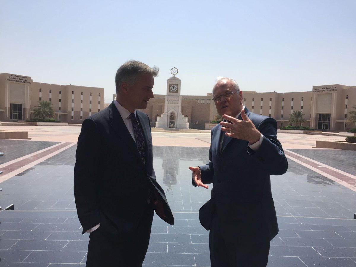 tcdglobal's tweet photo. Provost and President of Trinity College Dublin @pjprendergast toured the campus of MTC in Oman this morning with Dean of @mtcoman Professor Eugene Coyle. The Provost is due to give a talk on the E3 Institute and give a seminar on innovation in Engineering today #trinityglobal https://t.co/viuomBlEgS