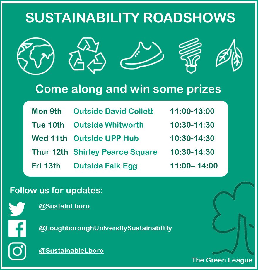 SustainLboro's tweet photo. We have our Sustainability Roadshow next week, why not come along and win some prizes✨💚 https://t.co/WCkoPxpX4b